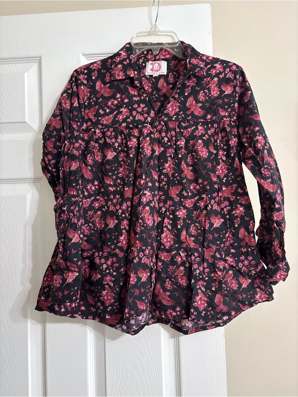 Victoria Dunn Women’s Floral Bird Print Long Sleeve Peplum Top Size M